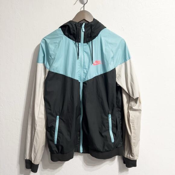 Nike Windbreaker Jacket Full Zip Colorblock Hood Medium Blue Black Grey Retro - Picture 1 of 8